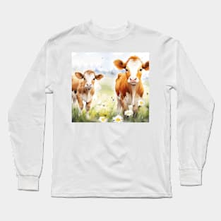 Calves in a Field of Daisies Long Sleeve T-Shirt